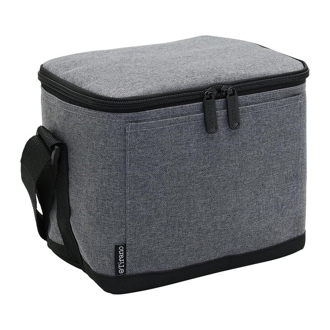 A grey cooler bag with a zip closure and a sturdy handle for easy carrying. Features a logo on the side.