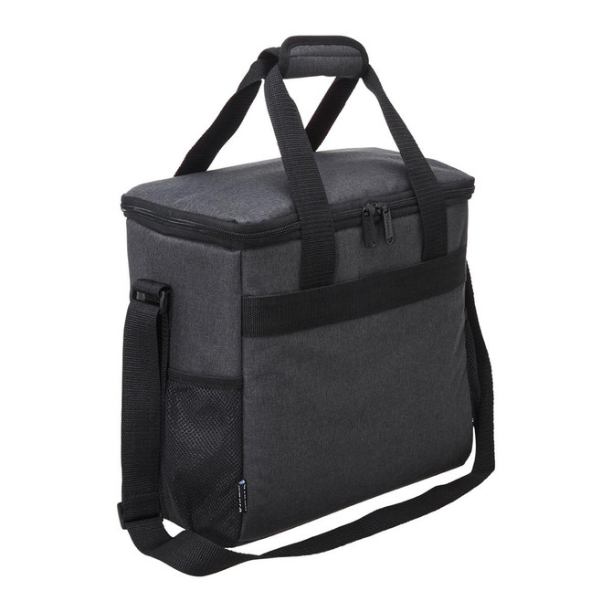 A charcoal grey cooler bag with dual handles, a shoulder strap, and a side mesh pocket. It features a branded logo.