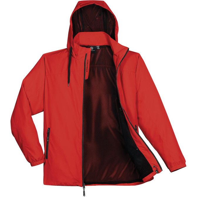 A red rain jacket with a hood, featuring zip pockets and an interior lining. It has a branding logo.