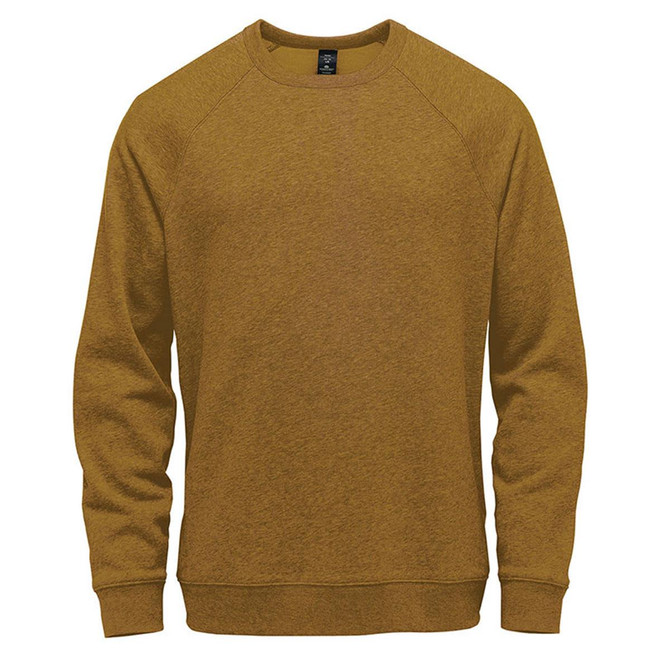 A mustard yellow men's fleece crew neck sweater with a simple design and a logo on the front.