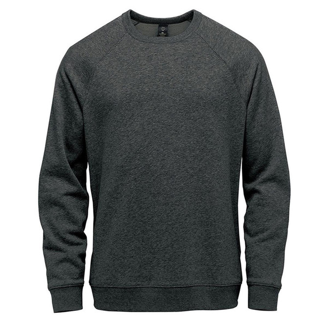 A dark grey crew neck sweater with long sleeves and a simple design, featuring a logo on the front.