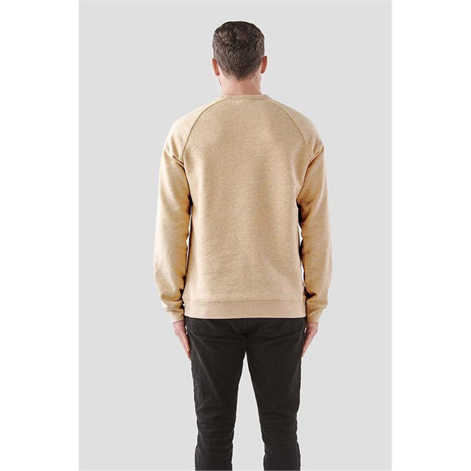 A men's crew neck sweater in a beige colour, featuring a simple design and a logo on the back.