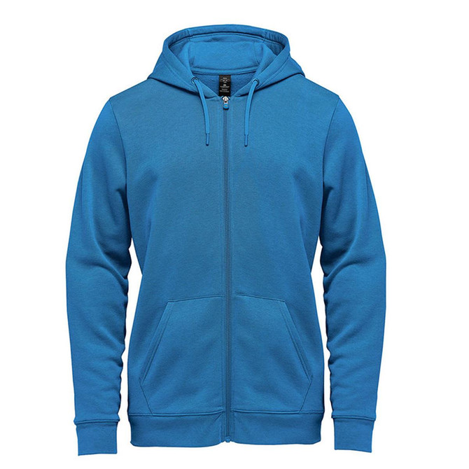 A blue fleece full zip hoody with a hood, front pockets, and a logo on the chest.