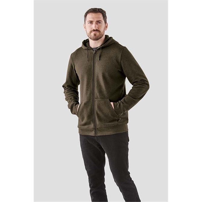 A men's full zip hoody in dark green, featuring a hood and side pockets, with a branding logo.