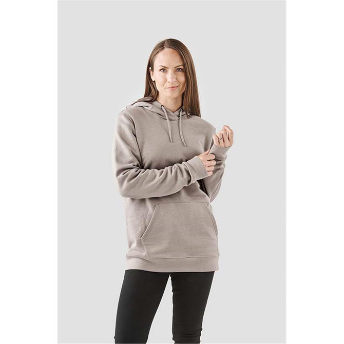 A grey fleece pullover hoody with a front pocket and drawstring hood, modelled by a woman.