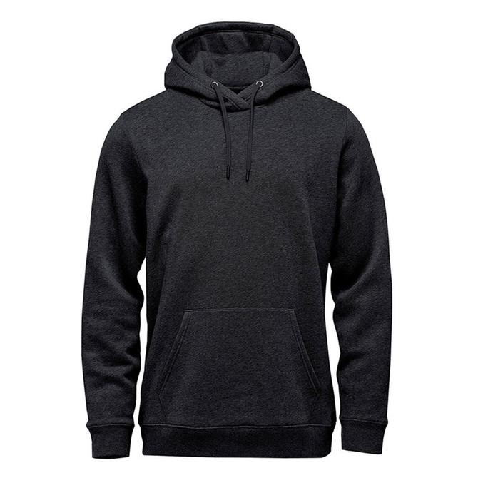 A men's fleece pullover hoody in dark grey with a front pocket and adjustable drawstring hood.