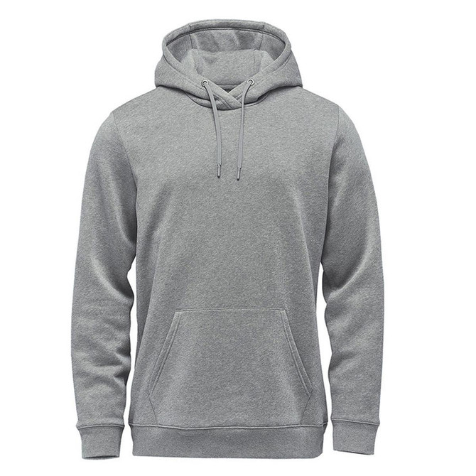 A grey men's fleece pullover hoody with a front pocket, featuring a drawstring hood and a logo.