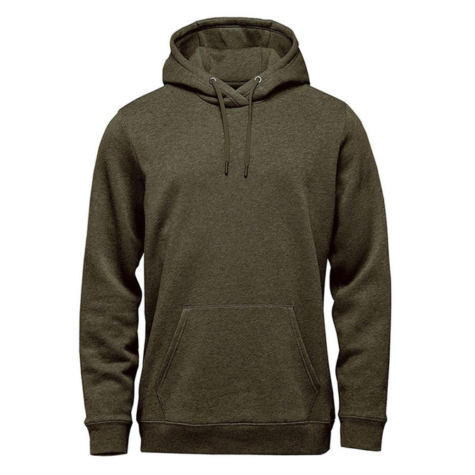 Men's Monashee fleece pullover hoody in olive green, featuring a front pocket and a drawstring hood.