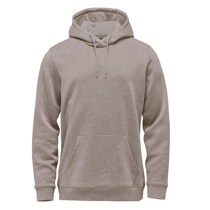 A light grey fleece pullover hoody featuring a front pocket and adjustable drawstring hood. It has a logo.