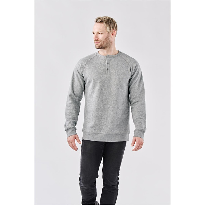 A grey men's long-sleeve henley shirt with a buttoned neckline and a casual fit. Features a logo on the chest.