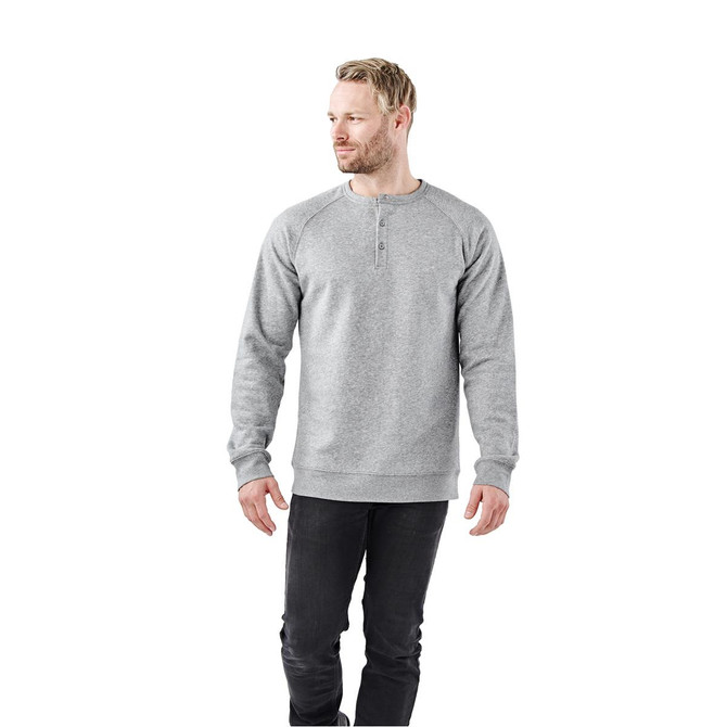 A grey men's henley shirt featuring a button-up neckline and long sleeves, with a logo on the chest.