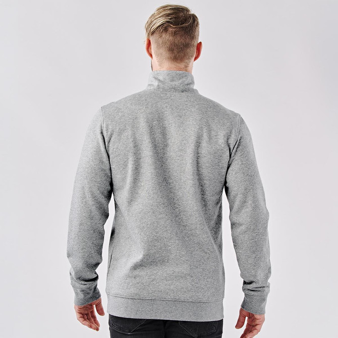 A grey men's pullover with a 1/4 zip, featuring a simple design and a fitted style at the back.