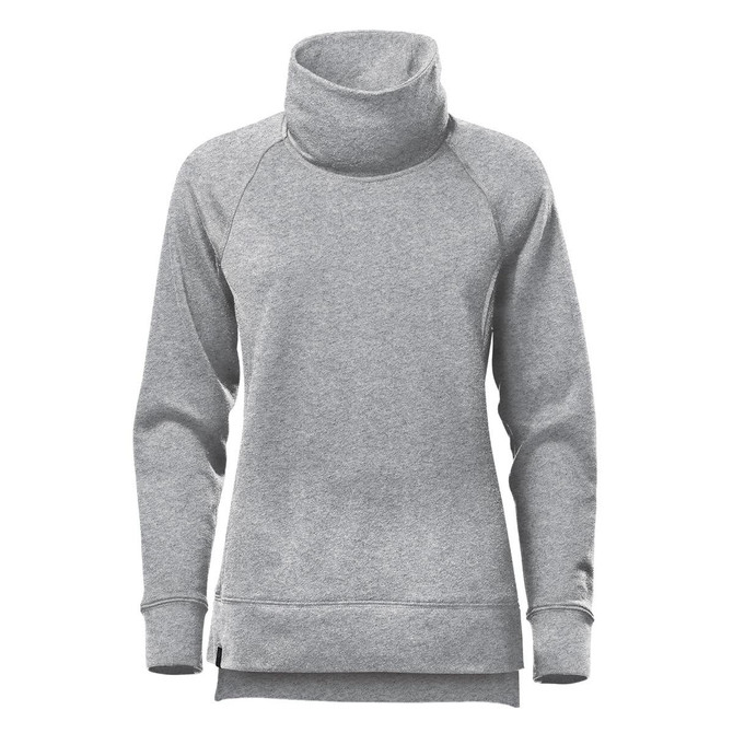 A grey women's cowl neck pullover featuring long sleeves and a relaxed fit. It has a logo on the design.