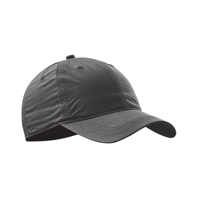 A black cap with a curved brim and a logo on the front, featuring a six-panel design.