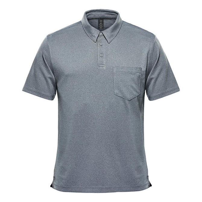 A grey short sleeve polo shirt with a collar and a pocket, featuring a logo on the chest.