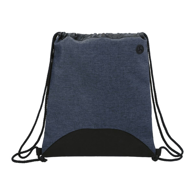 A drawstring sportspack in navy blue and black, featuring a logo, with adjustable drawstrings for closure.