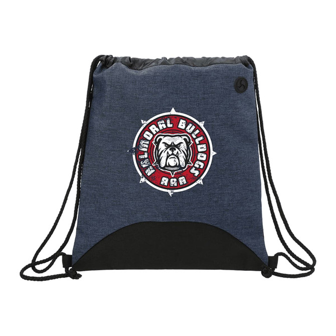 A navy drawstring sportspack with a black base and a logo featuring a bulldog.