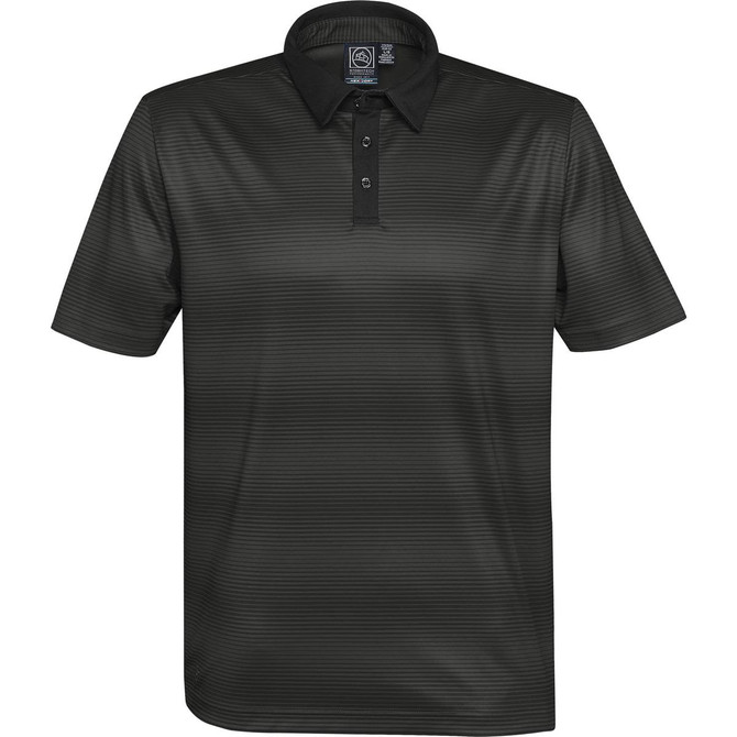 A dark green polo shirt with a contrasting black collar and a subtle striped pattern. It features a logo on the upper left.
