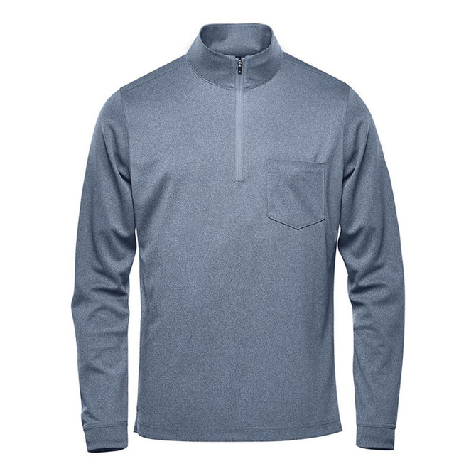 A grey men's pullover with a 1/4 zip and a chest pocket, featuring a logo on it.