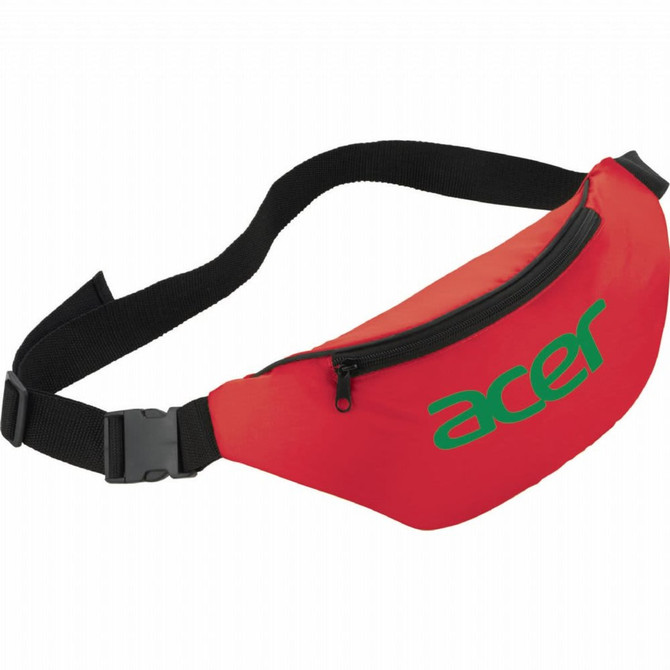 A red hipster budget fanny pack with a black strap and a front zip pocket, featuring a logo.