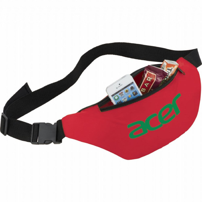 A red bum bag with a black strap, featuring a logo and containing a phone and snacks.