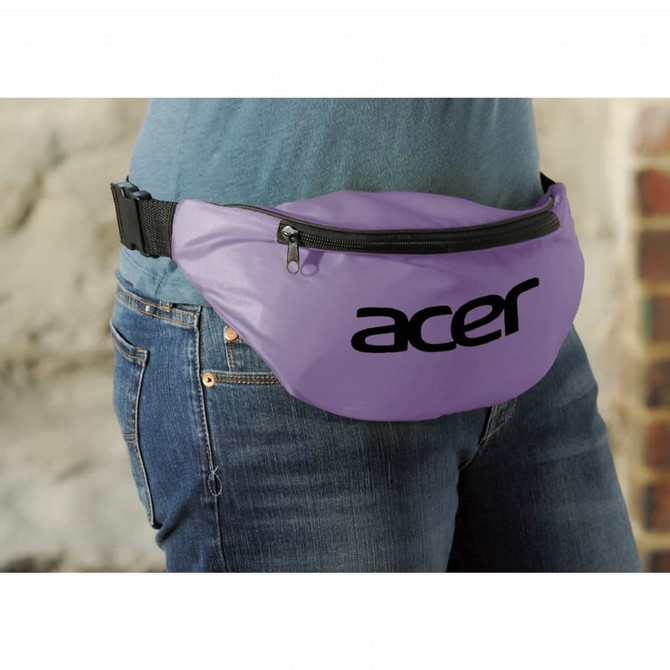 A purple bum bag worn around the waist, featuring a large logo, set against a textured background.