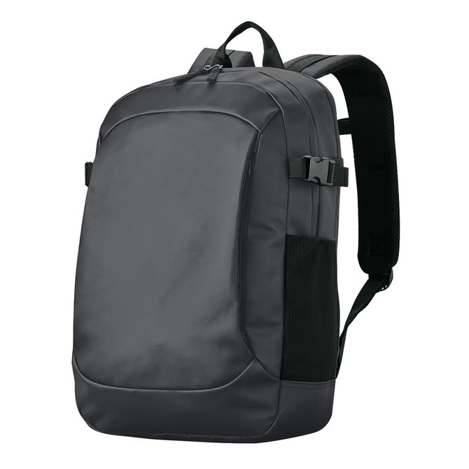 A dark grey backpack featuring adjustable straps, a sleek design, and side mesh pockets. Branding is visible.