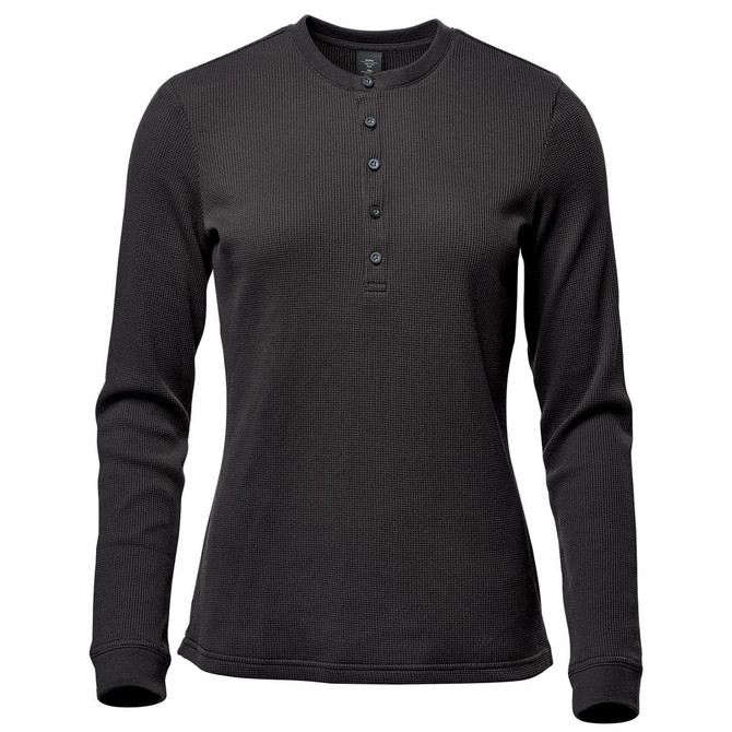 A long-sleeve women's Henley shirt in black, featuring a buttoned neckline and a textured fabric.