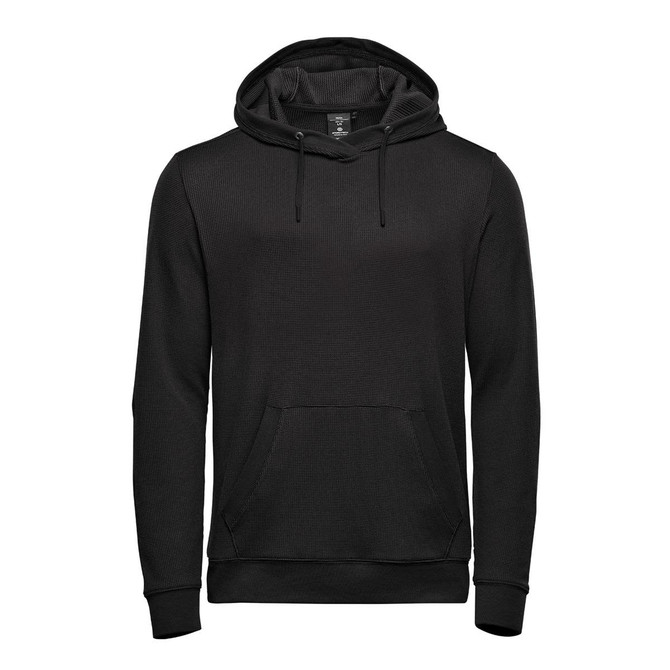 A black pullover hoody featuring a front pocket and a drawstring hood, with a logo on the chest.
