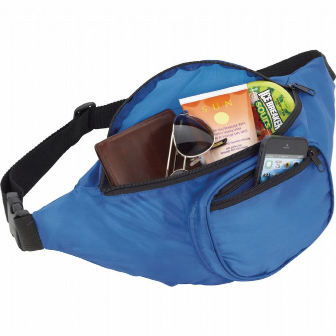 A blue fanny pack with multiple compartments containing sunglasses, a wallet, a smartphone, and snacks.