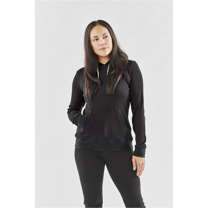 A black women's pullover hoodie with a front pocket, featuring a relaxed fit and a hood.