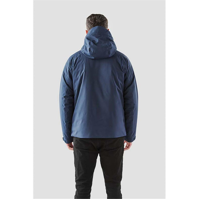 A men's navy thermal shell jacket with a hood, featuring a sleek design and a logo on the back.