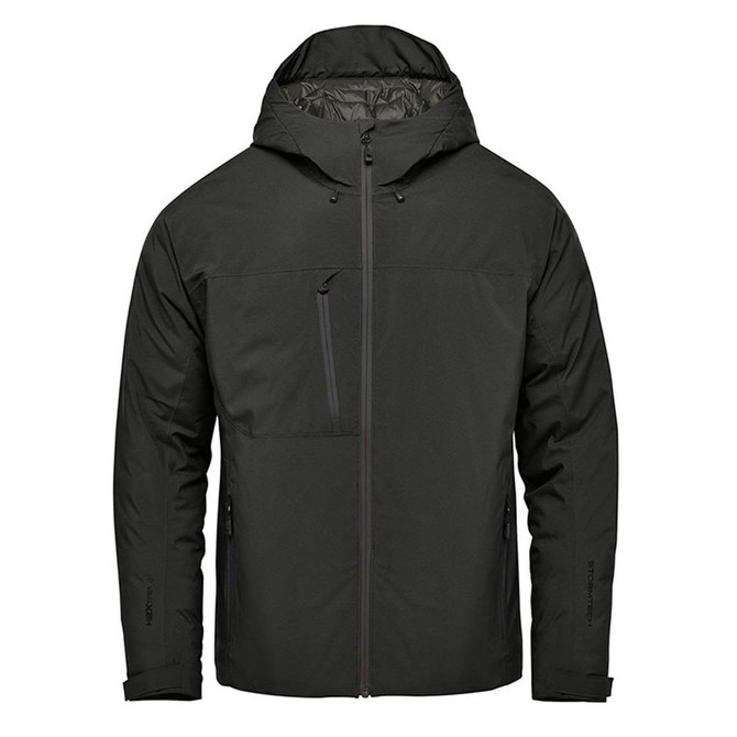 A green thermal shell jacket featuring a hood and zippered pockets, with a branding logo.