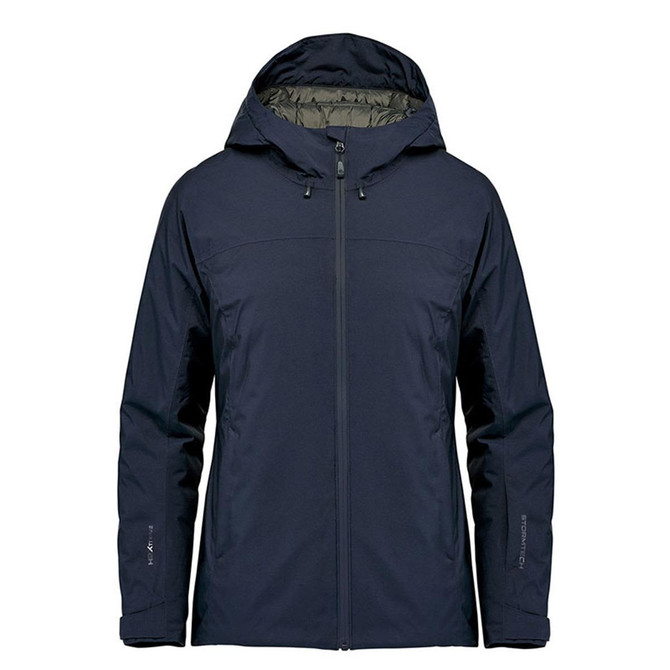 A navy thermal shell jacket with a hood and a logo on the sleeve. Features a front zip and zippered pockets.
