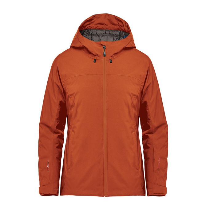 A women's jacket in burnt orange with a zip-up front and hood, featuring logo branding.