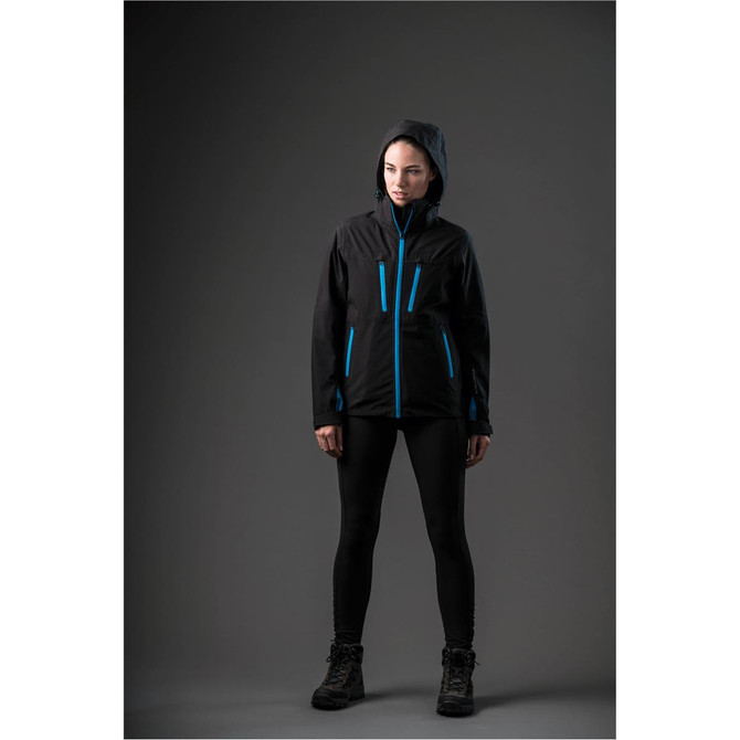 A black women's jacket featuring blue accents, equipped with a hood and multiple pockets. It includes branding.