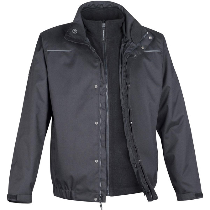 A black 3-in-1 jacket featuring a detachable inner fleece layer and a logo on the sleeve.