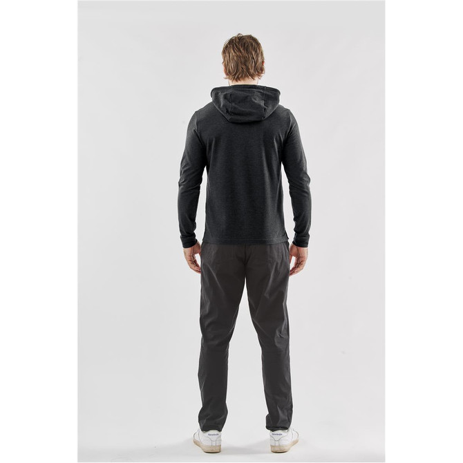 Men's Montebello pullover hoody in dark grey, featuring a hood and slim fit, worn with matching pants.