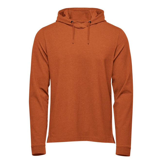 Men's pullover hoodie in burnt orange, featuring a drawstring hood and long sleeves. Includes a branding logo.