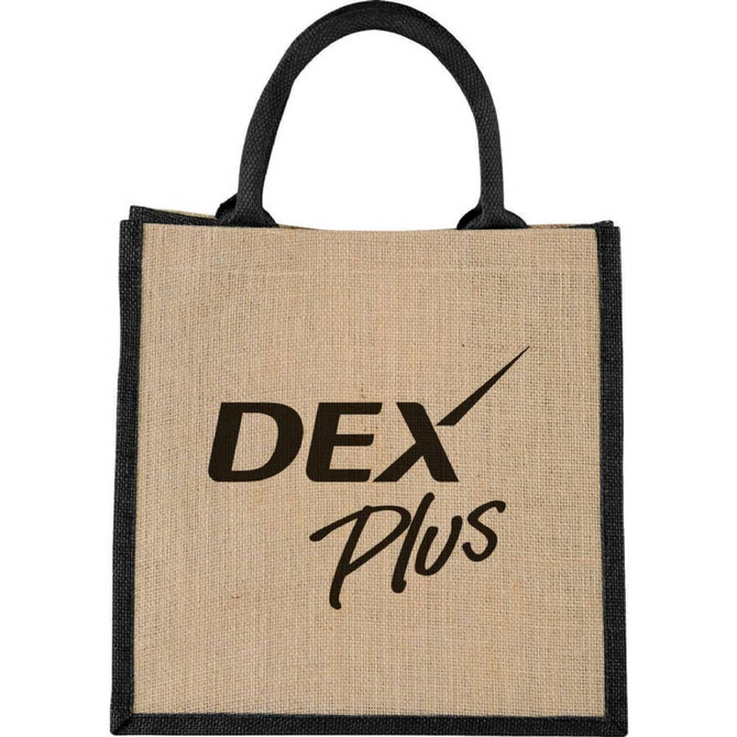 A medium jute gift tote in natural with black accents and a logo on the front.