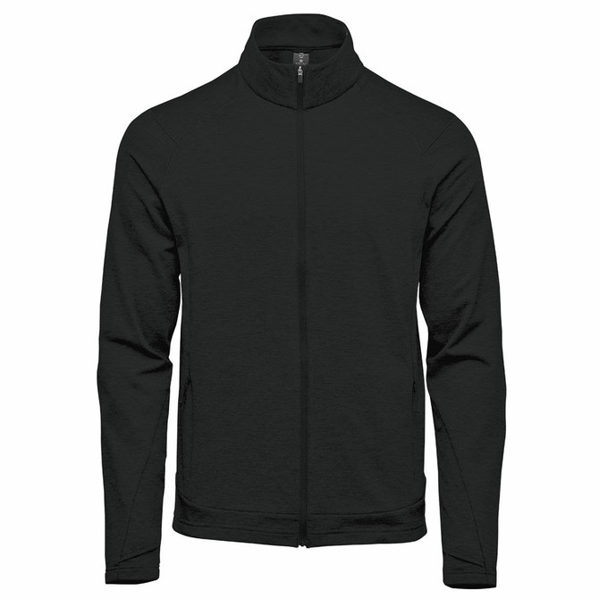 A black men's performance jacket with a high collar and full zip front, featuring long sleeves and a logo.