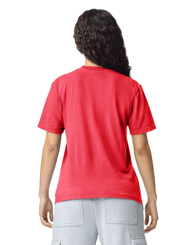 A red heavyweight adult T-shirt viewed from the back, featuring short sleeves and a relaxed fit.