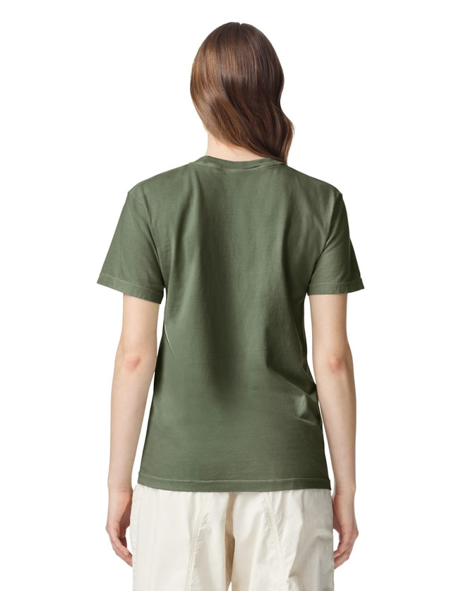 A back view of an olive green heavyweight adult T-shirt with short sleeves and a plain design.