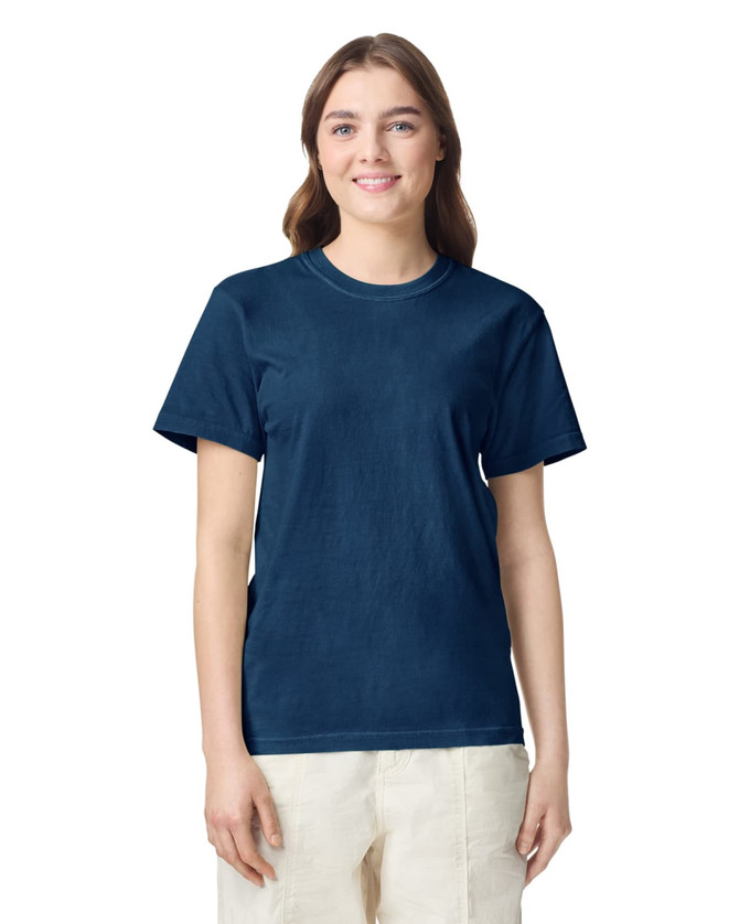 A women's navy blue heavyweight T-shirt featuring a classic crew neck and short sleeves, with a logo.