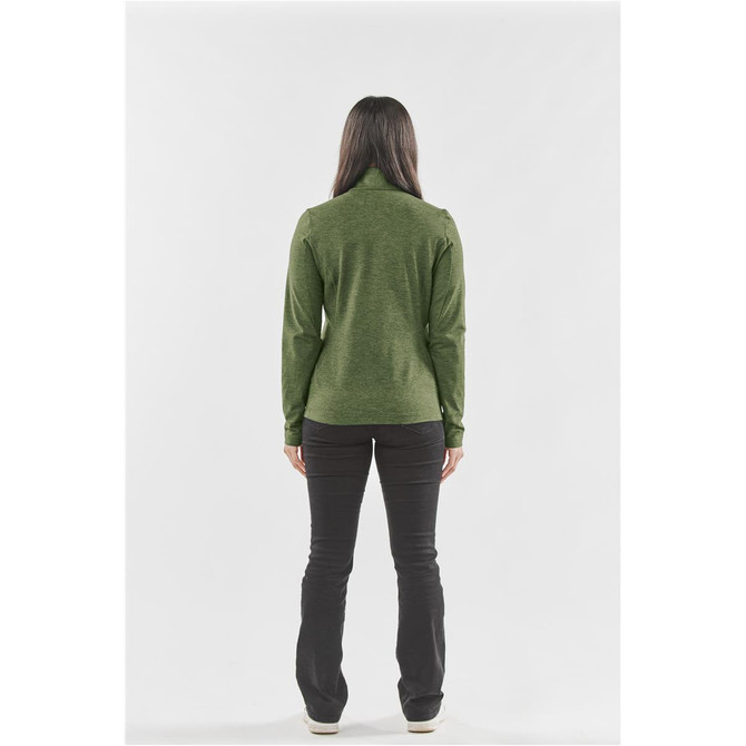 A green performance jacket viewed from the back, paired with black pants. The jacket features a logo.