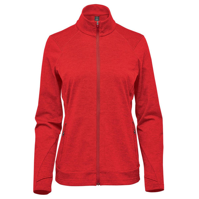 A red women's performance jacket with a high collar and zippered front, featuring a logo on one side.
