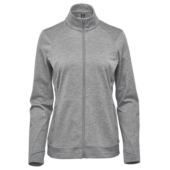 A grey women's performance jacket with a zip-up front, high collar, and side pockets. It features a branding logo.