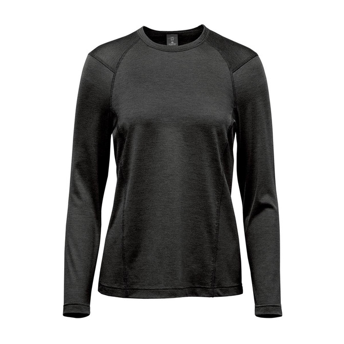 A women's long-sleeve crew neck shirt in dark grey, featuring a simple design and a logo.