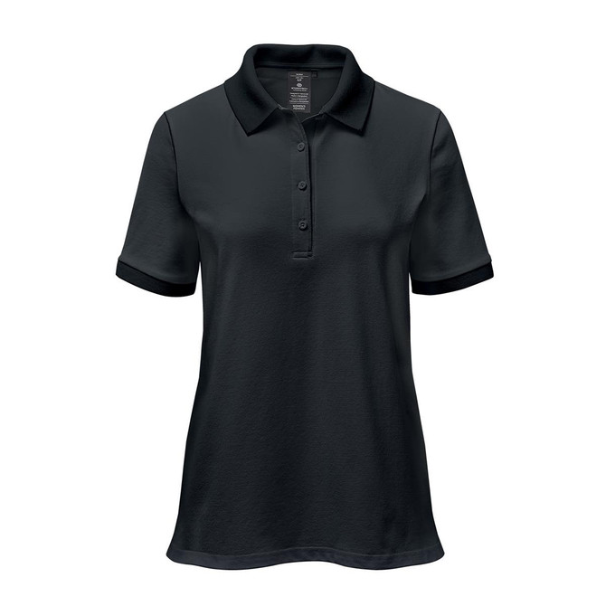 A dark green women's polo shirt with a collar, short sleeves, and a logo on the chest.