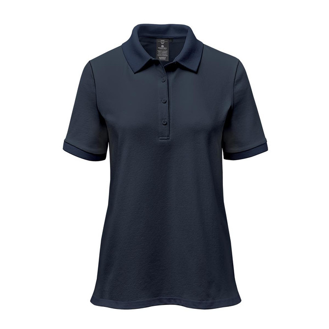 A navy women's polo shirt with a collared neckline and short sleeves, featuring a logo on the chest.